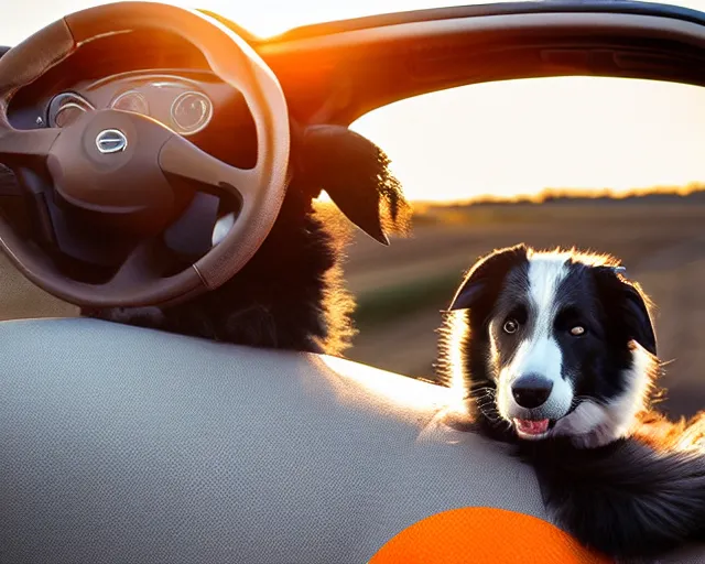 Image similar to border collie dog in the driver's seat of an orange nissan note, rally driving photo, award winning photo, golden hour, perfect composition