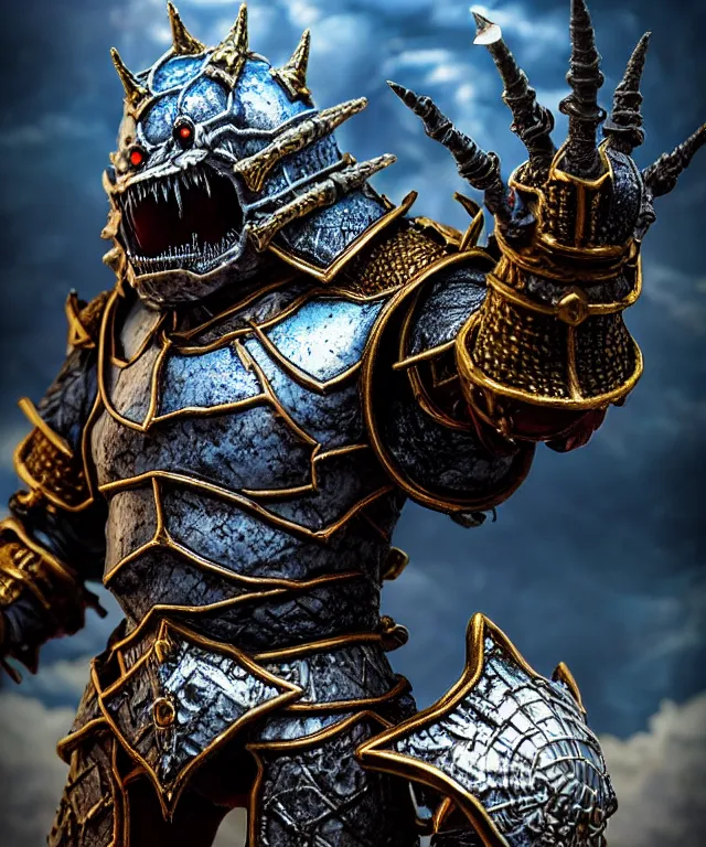 Image similar to hyperrealistic rendering, epic dark souls boss, ornate supreme demon overlord, jewel crown, war armor battle, by art of skinner and richard corben, product photography, collectible action figure, sofubi, hottoys, storm clouds, outside, lightning