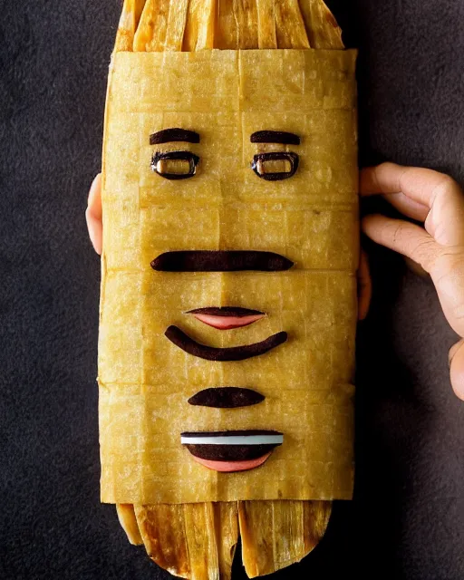 Image similar to tom hanks as a tamale, human face made out of a tamale, tom hanks with the texture of a tamale, professional food photography