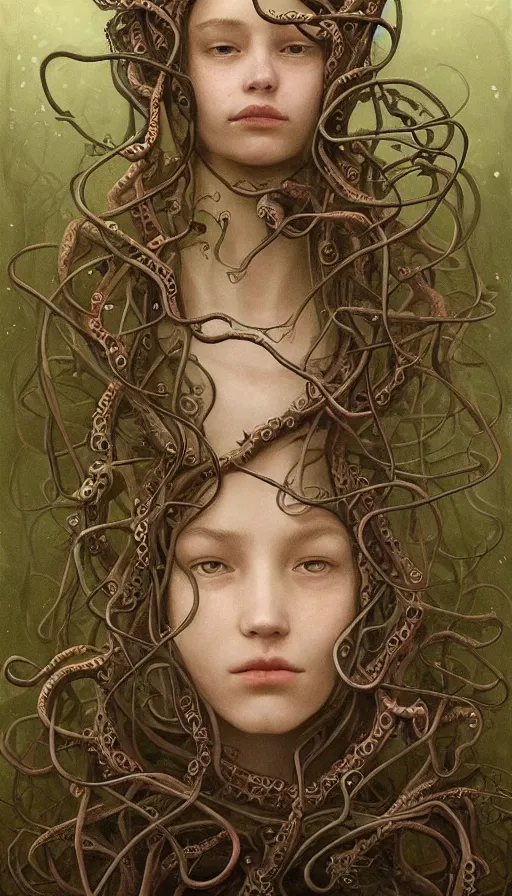 Image similar to very detailed portrait of a 2 0 years old girl surrounded by tentacles, the youg woman visage is blooming from fractal and vines, by jakub rozalski