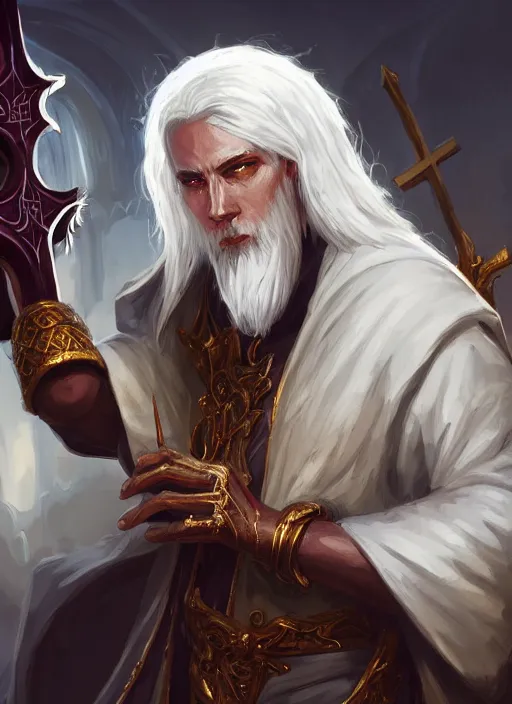 Image similar to a highly detailed illustration of white haired african priest wearing white robe, wielding bloody cross, gothic church background, intricate, elegant, highly detailed, centered, digital painting, artstation, concept art, smooth, sharp focus, league of legends concept art, wlop