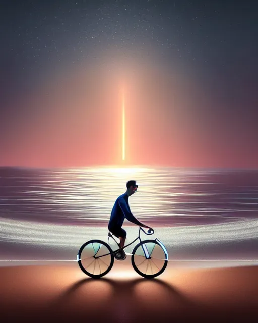 Image similar to photo of man riding a bicycle along the beach that is lit by glowing organisms underwater toward a lighthiuse in the distance, wide horizon, large white clouds, intricate, elegant, highly detailed, digital painting, artstation, concept art, smooth, sharp focus, illustration, art by artgerm and greg rutkowski and fra angelico