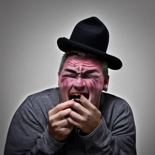 Prompt: hat with eyes mouth and teeth biting onto the top of a man's head, man is shouting in pain, funny professional photo