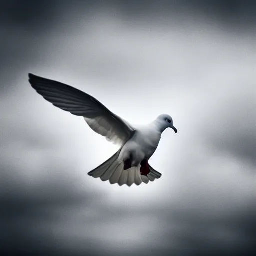 Image similar to a realistic photo of a white dove flying away from the camera in an ethereal cloudscape, high contrast, 8k, film grain, highly detailed, professional photography