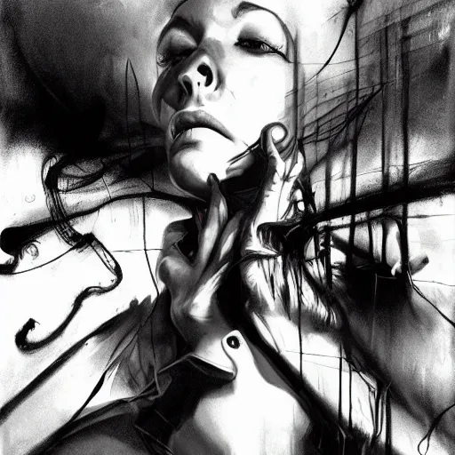 Image similar to lie and tell me things, better things, i can't escape this pain! dream horrifying artwork by nekro, borja, syd mead, zdislaw cosmic horror charcoal artwork, surreal existentialism