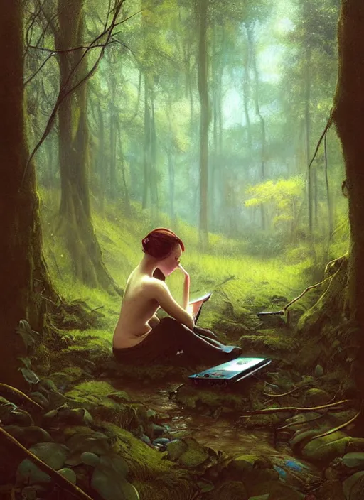 Image similar to computer in the woods by a stream, river gorgeous lighting, lush forest foliage blue sky a hyper realistic painting by chiara bautista and beksinski and norman rockwell and greg rutkowski, tom bagshaw weta studio, and lucasfilm