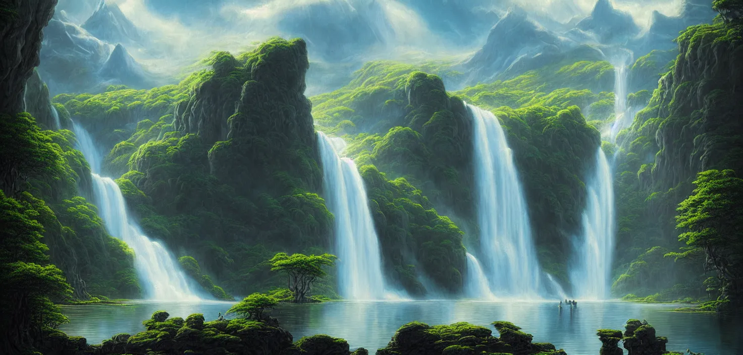 Image similar to a painting of a waterfall and a lake surrounded by mountains, a detailed matte painting by david a. hardy, featured on cgsociety, fantasy art, matte painting, 2 d game art, concept art