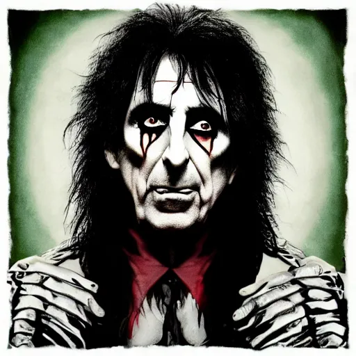 Image similar to Alice cooper in the style of terry gillam