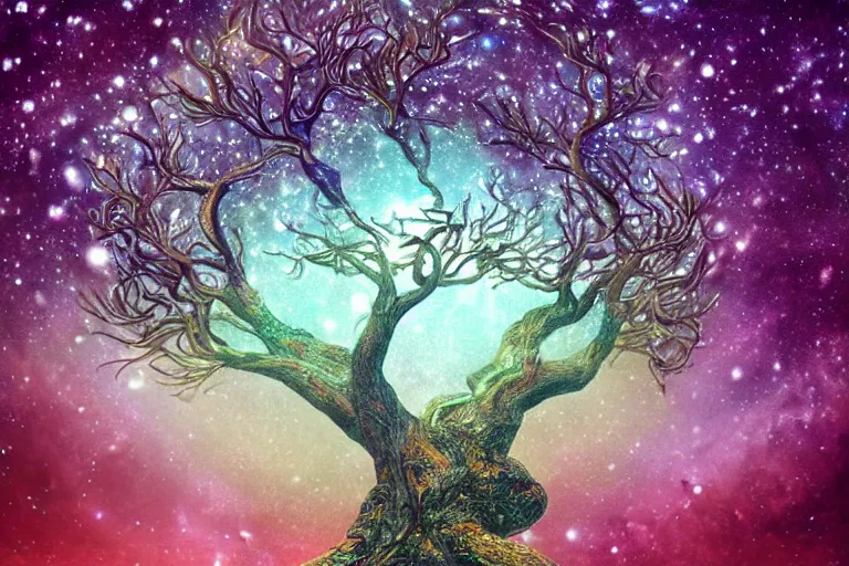 Prompt: a cosmic yggdrasil with galaxies hanging from the branches by mushroom dreams visionar, digital art, artstation, low angle, high detail, intricate, white wood, wide shot,