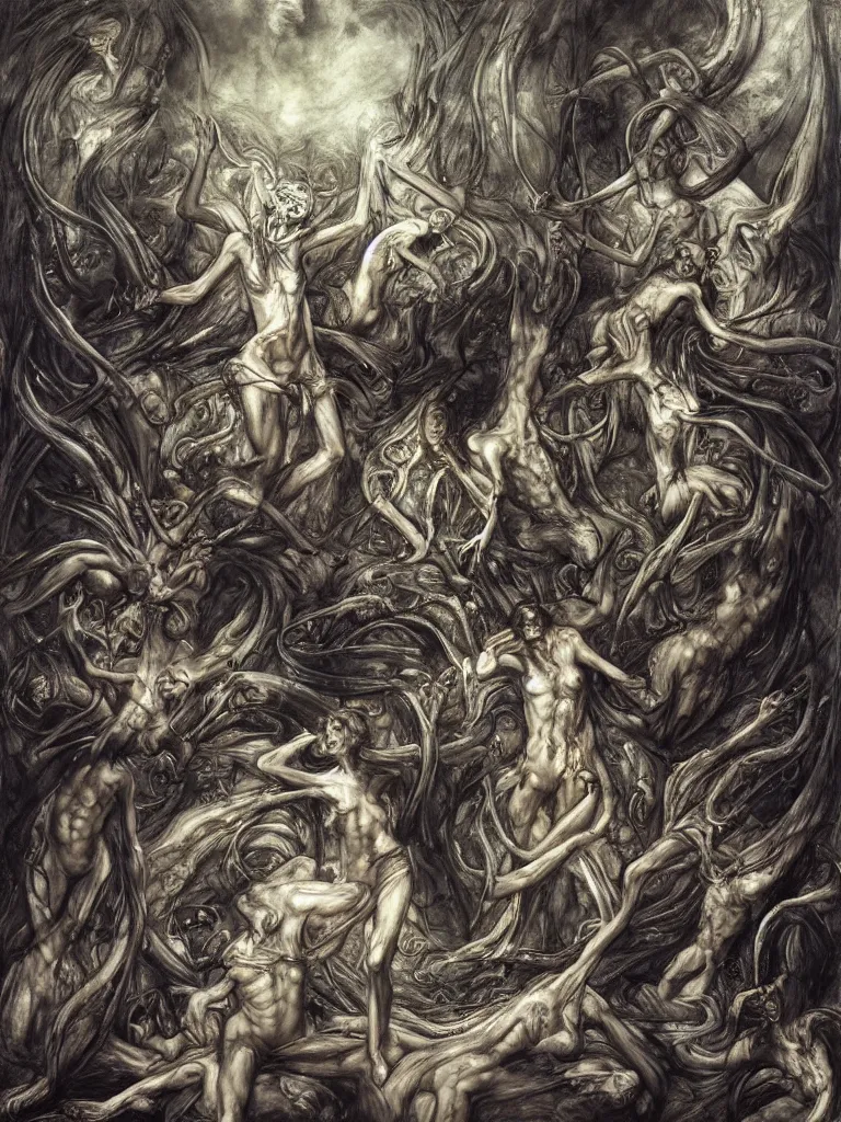 Image similar to simplicity muscular eldritch bodies radiating town fractal, by h. r. giger and esao andrews and maria sibylla merian eugene delacroix, gustave dore, thomas moran, pop art, chiaroscuro, biopunk, art nouveau