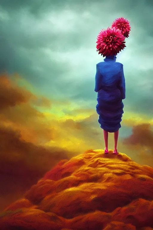 Image similar to closeup giant dahlia flower as head, girl standing on mountain, surreal photography, blue storm clouds, dramatic light, impressionist painting, digital painting, artstation, simon stalenhag