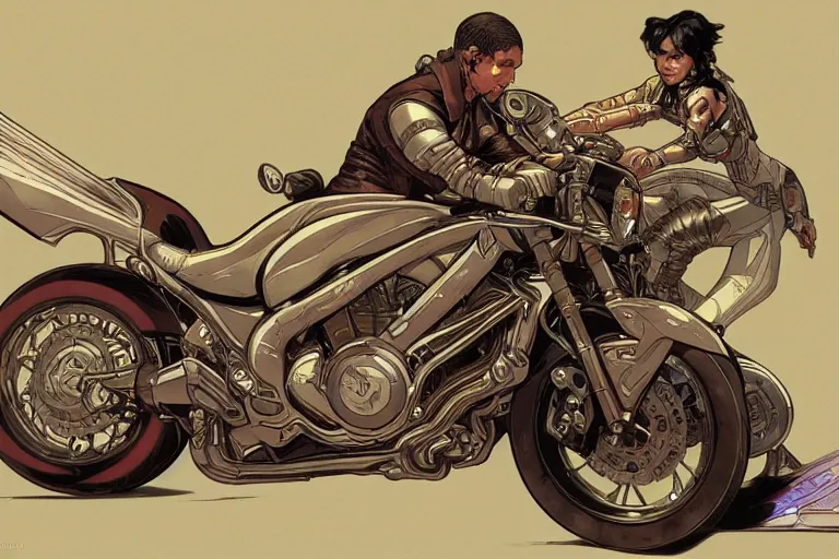 Image similar to comic book illustration, yamaha vmax motorcycle, cyberpunk concept art by artgerm and Alphonse Mucha and Moebius, highly detailed, intricate, sci-fi, sharp focus, Trending on Artstation HQ, deviantart