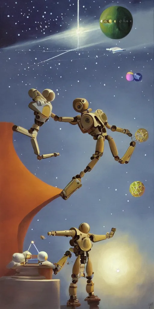 Image similar to a painting by ralph mcquarrie of floating molecules and a robot artist holding an icosahedron with stars, clouds, and rainbows in the background, trending on artstation, masterpiece, incredible details