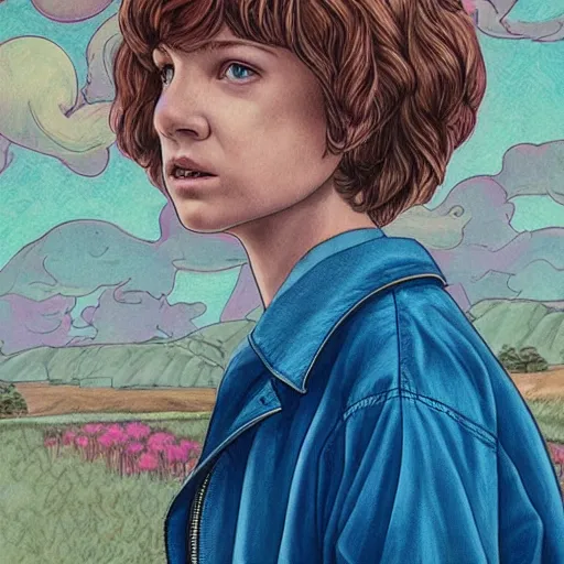 Image similar to beautiful side portrait of Eleven from Stranger things in a scenic!!! Environment!! by martine johanna, lines ,figurativism!, portrait,