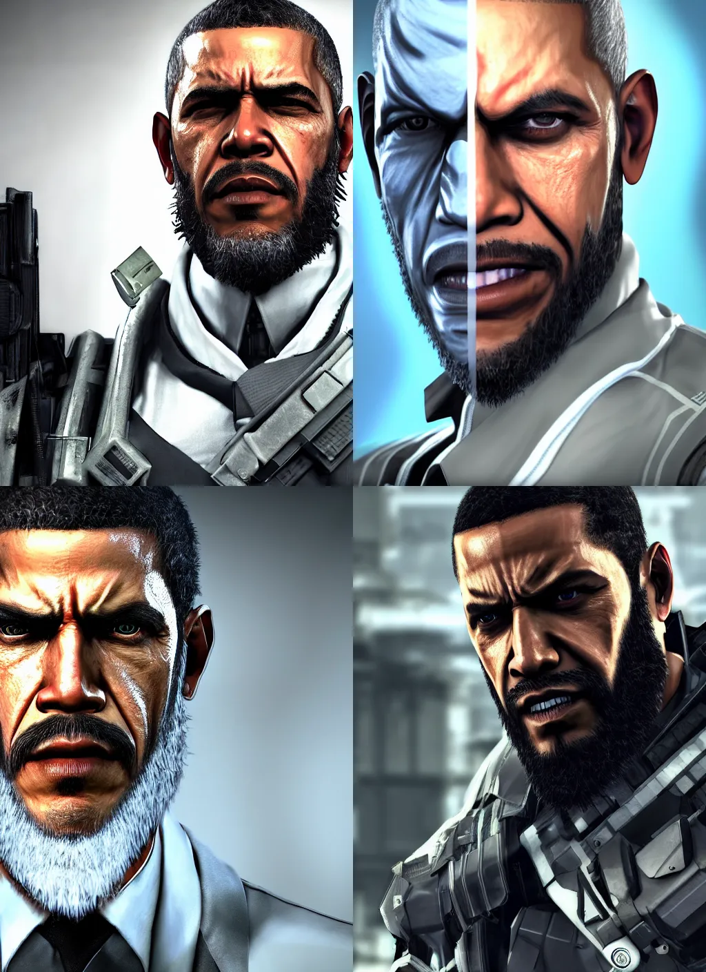 Prompt: bearded barack obama in metal gear rising revengeance, metal gear rising, metal gear, barack obama, octane render, 8 k, realistic face, ray tracing, ps 5, subsurface scattering, realistically proportioned head, realistically proportioned face