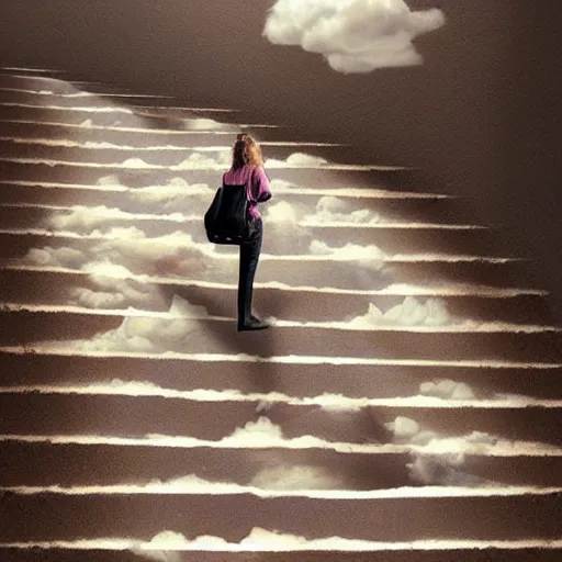 Prompt: a woman walking up a stair case made of cookies in the clouds, hyper real, digital art, artstation