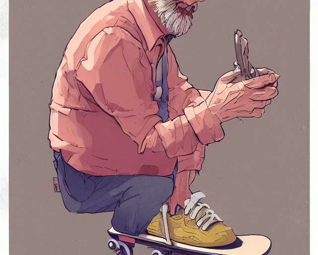 Image similar to a study of cell shaded cartoon of the old man from up on a skateboard, illustration, wide shot, subtle colors, post grunge, concept art by josan gonzales and wlop, by james jean, Victo ngai, David Rubín, Mike Mignola, Laurie Greasley, highly detailed, sharp focus, alien, Trending on Artstation, HQ, deviantart, art by artgem