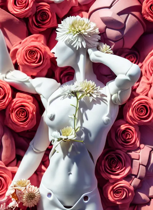 Prompt: slender biomechanical white marble statue holding perfume bottle made of corals, daisies, roses, well contoured smooth fair walls carrying perfume bottle, up close shot, sharp focus, global illumination, radiant light, alexandre ferra white mecha, irakli nadar, octane highly render, 4 k, ultra hd,