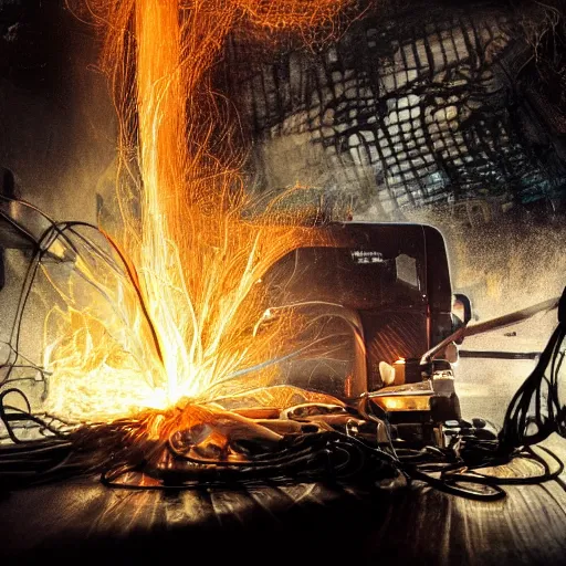 Image similar to smoothie blender, tangles of metallic cables, dark messy smoke - filled cluttered workshop, dark, dramatic lighting, orange tint, sparks, plasma charges, cinematic, highly detailed, sci - fi, futuristic, movie still