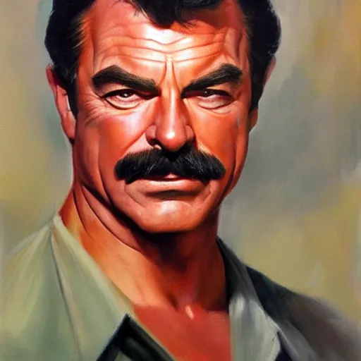 Image similar to ultra realistic portrait painting of tom selleck, art by frank frazetta, 4 k, ultra realistic, highly detailed, epic lighting