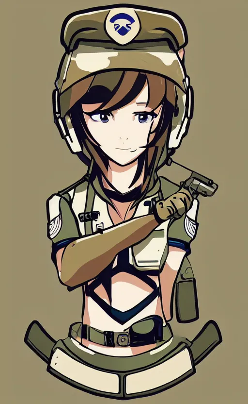 Prompt: shoulder patch design, soldier girl, anime style, clean logo, military flight squadron insignia, no text, soldier clothing, realistic military gear, 70mm, inspired by famous brands, made in photoshop, no background, vector line art, by ilya kuvshinov, trending on artstation, symbology, realistic human anatomy, meme culture, highly detailed, high resolution, for printingprinting on cloths, matte, realistic weapon, realistic military carrier