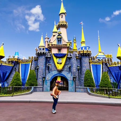 Prompt: minion in front of the disneyland castle, photo realistic, 4 k