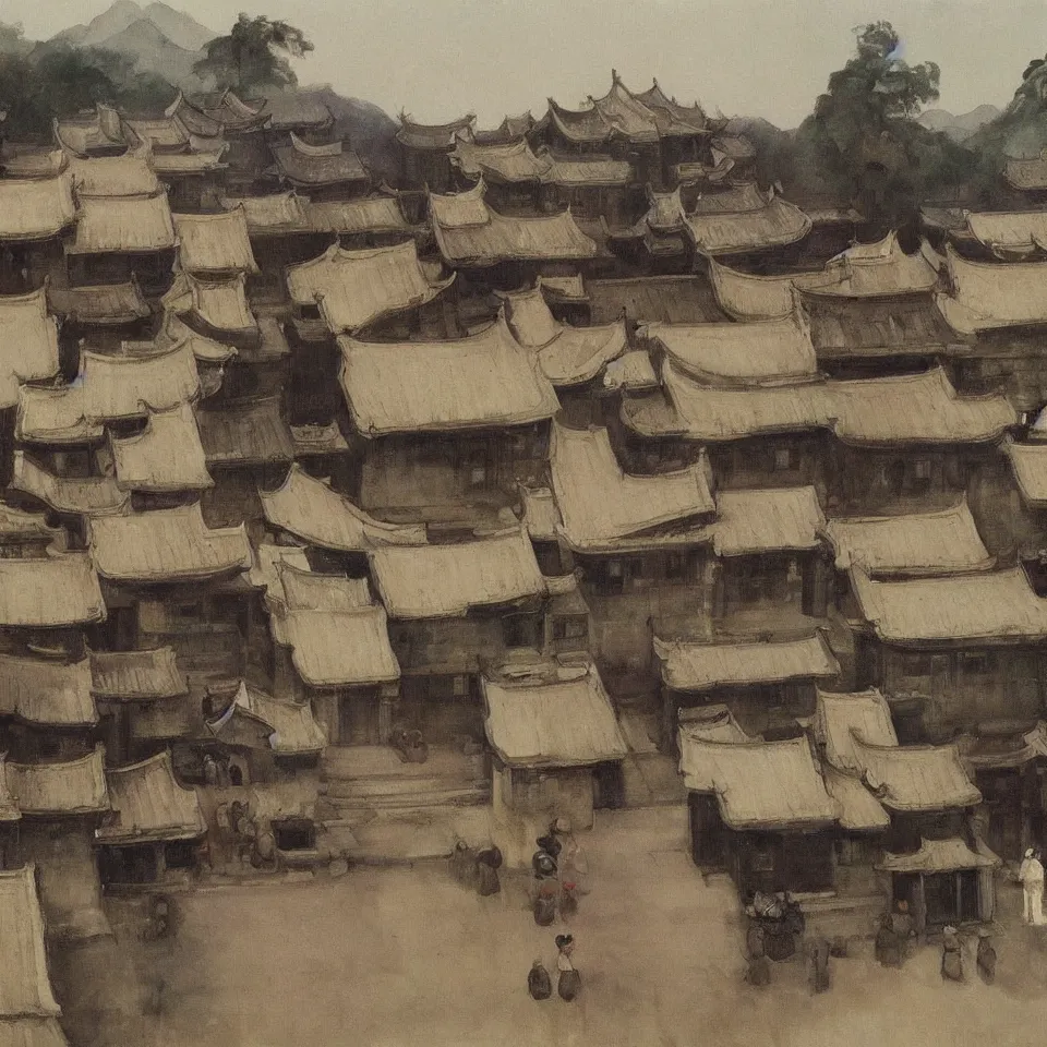 Image similar to a painting of hongcun ancient village houses by edward hopper