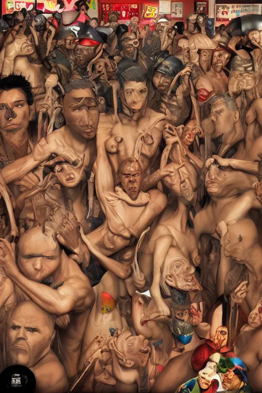 Image similar to place full of tunnel rats - pop art, hyperrealistic, smooth, by artgerm and richard hamilton and mimmo rottela and bob rafei and kazuma kaneko and bengus and yoshitaka amano, face features, human anatomy features, sharp focus, ultra realistic detail human composition, anatomy models details, multicultural race, incrinate