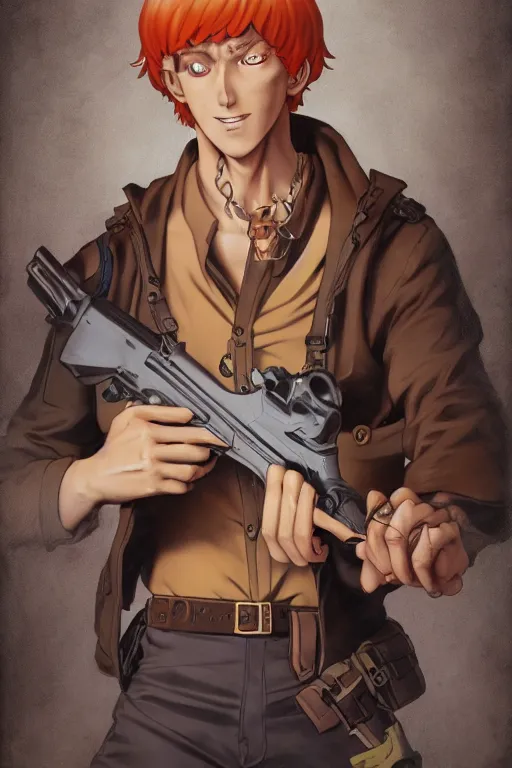 Image similar to scooby doo holding a gun, character art portrait, anime key visual, official media, illustrated by tom bagshaw, wlop, kentaro miura, extremely detailed, 8 k, trending on artstation, cinematic lighting, beautiful