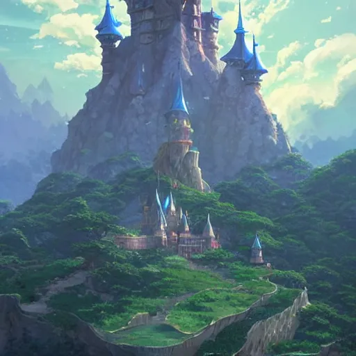 Image similar to An imposing and highly ornamented fantasy castle, Carved from Sapphire stone, Atmosphere, Dramatic lighting, Beautiful Landscape, Epic composition, Wide angle, by Makoto Shinkai and studio Ghibli