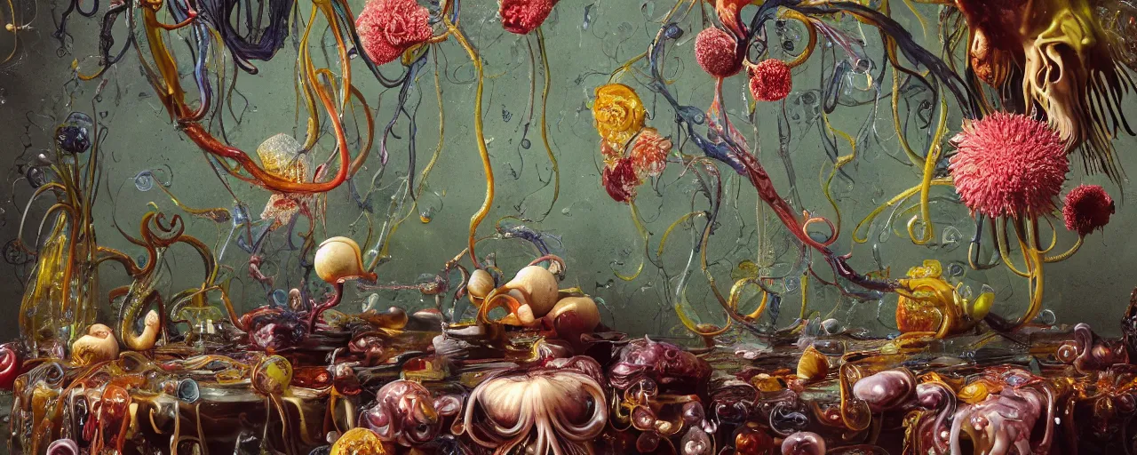 Prompt: ultradetailed reailistic still life with jelly flowers by ernst haeckel, caravaggio, roger dean and andrei tarkovsky, beautiful drapes, colourful slime, few tentacles, few eyeballs, wide angle, cinematic, octane render, bokeh, unreal engine, 4k 3d render