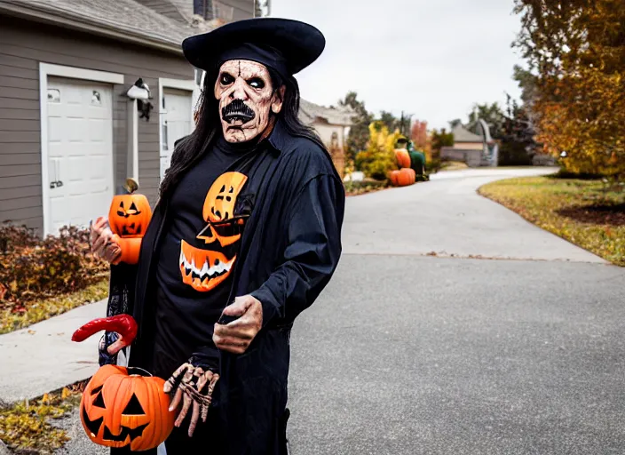 Prompt: dslr photo still of danny trejo trick or treating on halloween, 4 k, 1 2 0 mm f 1 6