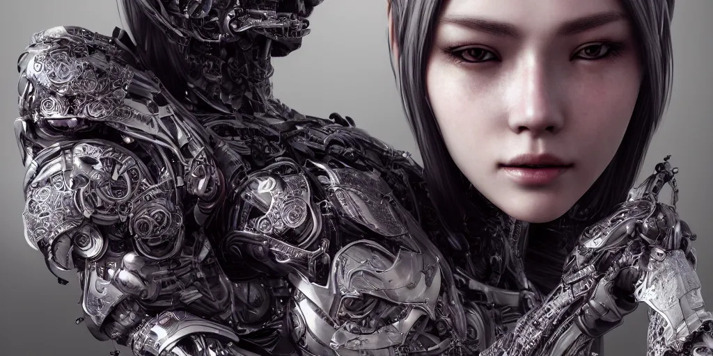 Image similar to hyper realistic photography, beautiful cyborg female, intimate holding close, in the style jin kagetsu, wlop, highly detailed, intricate filigree, symmetry, masterpiece, concept art, highkey lighting, ambient lighting, octane render, 8 k, artstation