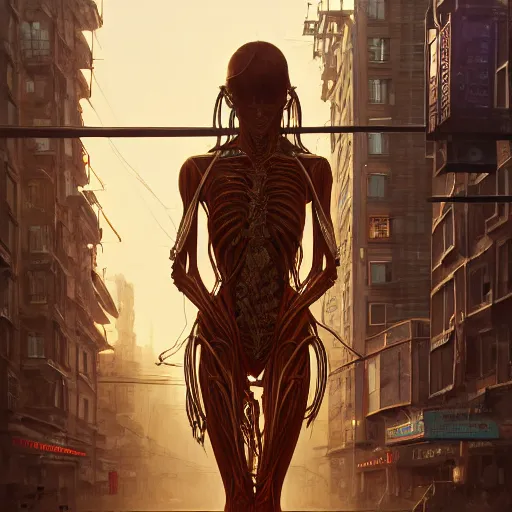 Image similar to detailed intricate digital illustration by greg rutkowski and artgerm and wlop and sanford robinson gifford ; anatomical human veins loom over city intersection ; 1 3 mm film, arri alfa anamorphic lens ; sharp focus ; golden hour, trending on artstation 8 k