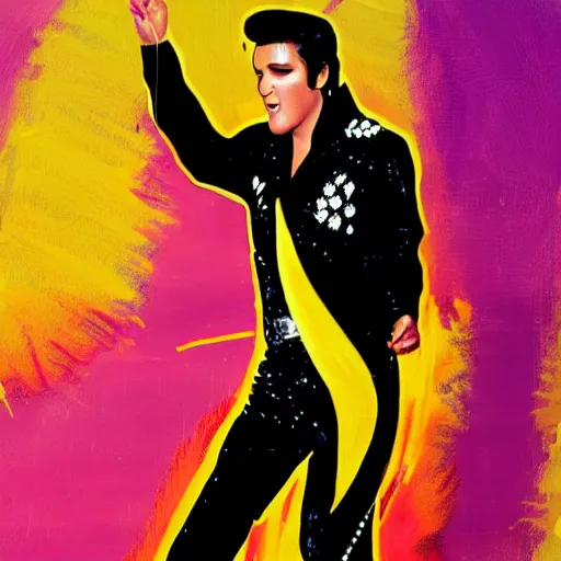 Prompt: elvis presley performing in a jumpsuit, art by alessandro pautasso, rainbow sketch, paint splash, full body, cell shaded, beautiful