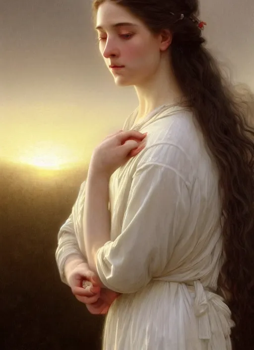 Image similar to oil painting close up portrait of a contemplative young norwegian woman with very long dark flowing hair in a dress made of white roses!! at sunset, hazy, digital art, chiaroscuro, artstation, cinematic, golden hour, digital art painting by greg rutkowski, william - adolphe bouguereau, hazy atmosphere, cinematic lighting