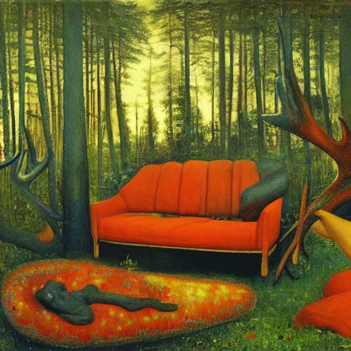 Image similar to psychedelic couch sofa in the lush pine forest, milky way, guitar, moose antlers, designed by arnold bocklin, jules bastien - lepage, tarsila do amaral, wayne barlowe and gustave baumann, cheval michael, trending on artstation, star, sharp focus, colorful refracted sparkles and lines, soft light, 8 k 4 k