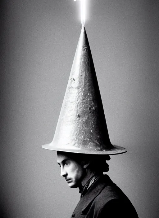 Image similar to realistic photo of a a scientist medieval wooden cone hat, covered in tesla electricity aura, greyscale 1 9 9 0, life magazine photo, natural colors,