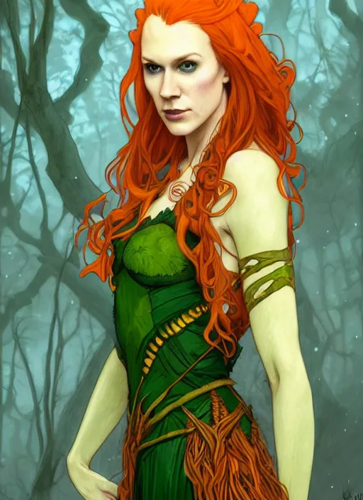 Prompt: portrait of Marisha Ray as Keyleth, orange hair, green eyes, face, freckles, fantasy, intricate, elegant, yellow mist, in green forest, Critical Role, Vox Machina, highly detailed, digital painting, trending on artstation, concept art, smooth, sharp focus, illustration, art by artgerm and greg rutkowski and alphonse mucha, unreal engine, 4k, 8k