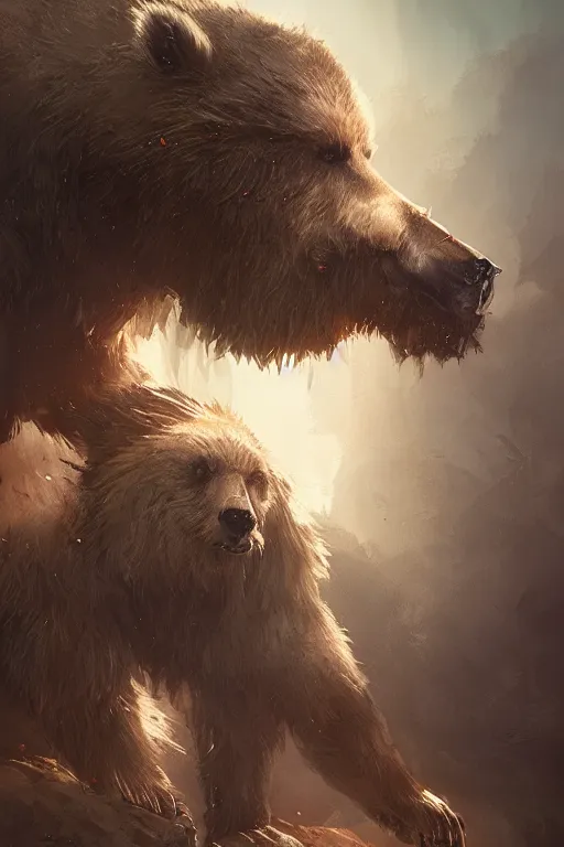 Image similar to a portrait of a mechanical Bear by Greg Rutkowski, Sung Choi, Mitchell Mohrhauser, Maciej Kuciara, Johnson Ting, Maxim Verehin, Peter Konig, final fantasy , mythical, 8k photorealistic, cinematic lighting, HD, high details, atmospheric,