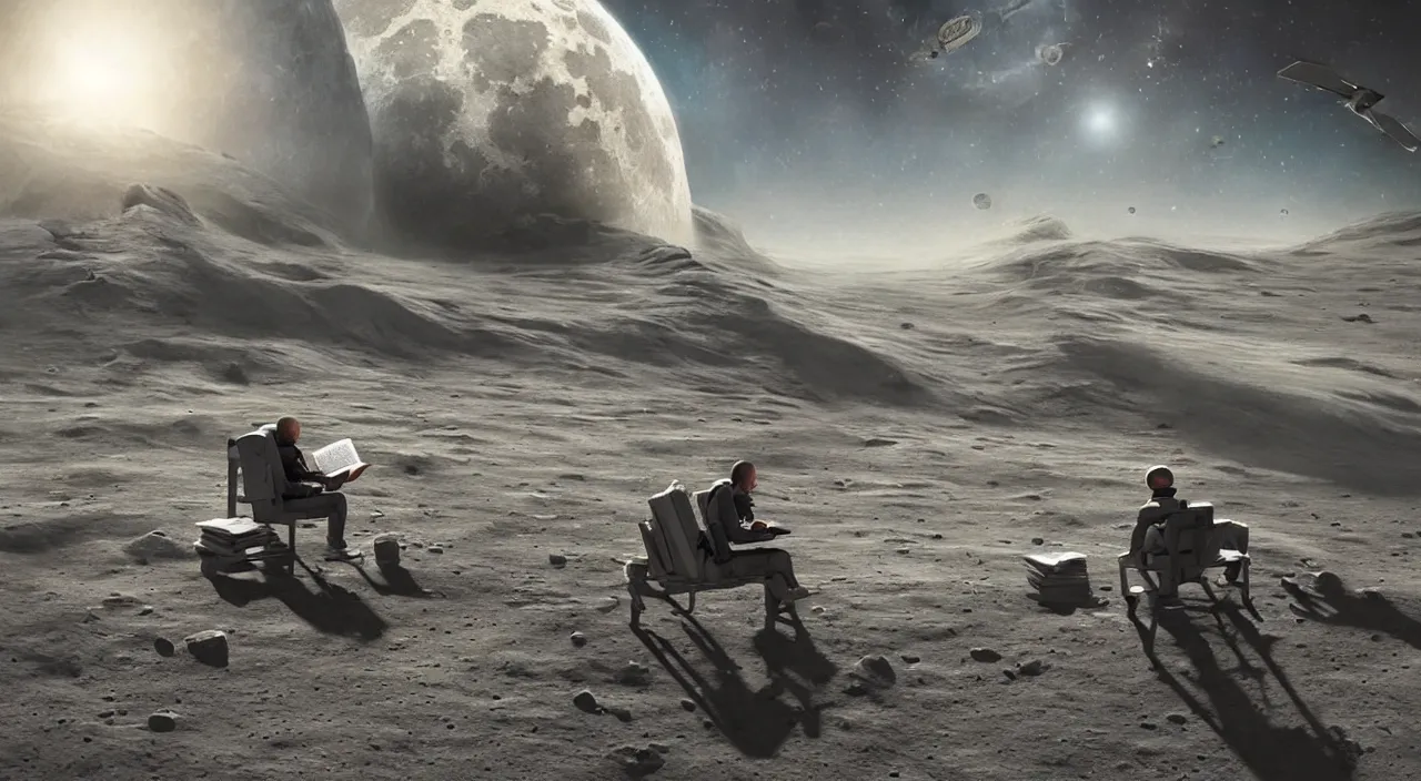 Image similar to hyper realistic matte painting of astronaut on the moon sitting on concrete bench in the foreground, back to the camera, reading book planet earth visible above horizon, back lighting, highly detailed, trending on artstation, concept art, art by jan matejko