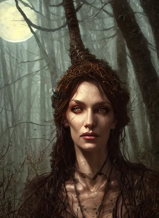 Image similar to close - up face portrait of a beautiful skinny woman as witch in front of the full big moon in a fantasy forest, by james gurney, greg rutkowski, highly detailed digital art, artstation