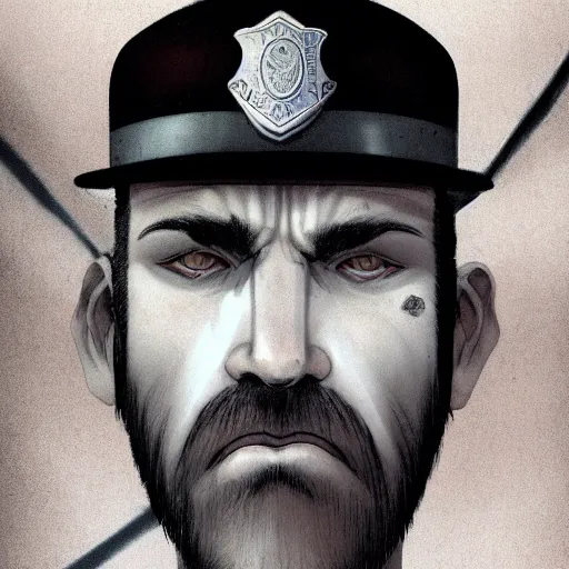 Prompt: portrait of a greying pale vampire police officer with short hair and a patchy beard, close up, grimy streets backdrop, highly detailed, sharp focus, perfect eyes, art by esad ribic