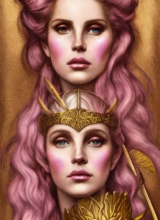 Image similar to portrait of lana del rey as a fae warrior princess with rose - gold hair wearing a knight's armour with iridescent fairy wings painted by bougereau, raphael, waterhouse and klimt in dark shadows, pink and gold tones, gold, ultra detailed. clear and symmetrical facial features ( face with reface ).