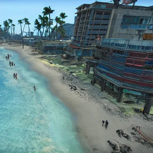 Prompt: Waikiki Beach, Honolulu in ruins post-nuclear war in Fallout 4, in game screenshot