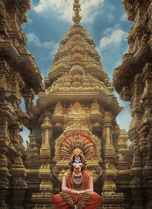 Image similar to wide - angle shot of hindu temple, depth of field, zeiss lens, detailed, symmetrical, centered, fashion photoshoot, by nicoletta ceccoli, mark ryden, lostfish, earl nore, hyung tae, frank frazetta, breathtaking, 8 k resolution, extremely detailed, beautiful, establishing shot, artistic, hyperrealistic, octane render