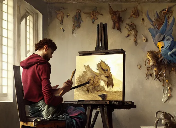 Image similar to a young painter in his studio painting a picture of a pokemon, by edgar maxence and caravaggio and michael whelan and delacroix style, artistic, intricate drawing, cinematic lighting, hyper realistic, extremely detailed, establishing shot, 8 k resolution, dramatic lighting