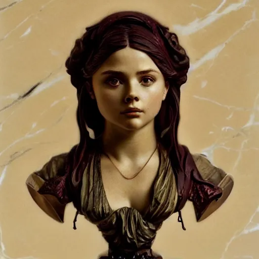 Image similar to beautiful lifelike award winning marble statue bust artistic chloe grace moretz trending on art station artgerm greg rutkowski alphonse mucha museum quality cinematic atmospheric