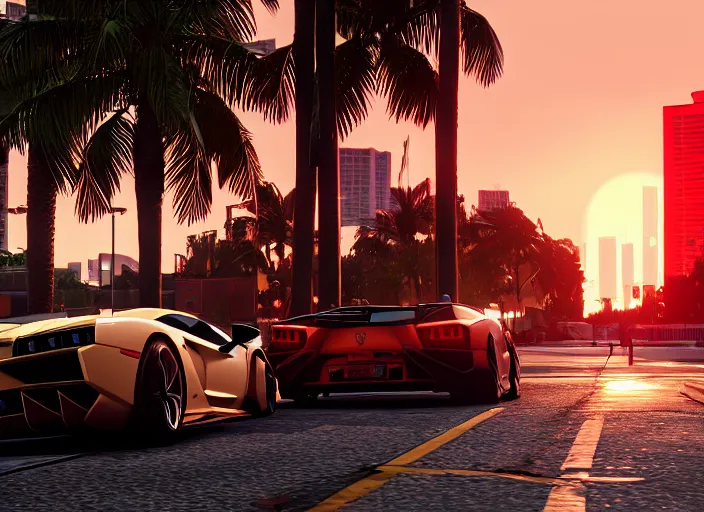 Image similar to still next - gen ps 5 game grand theft auto 6 2 0 2 4 remaster, graphics mods, rain, red sunset, people, rtx reflections, gta vi, miami, palms and miami buildings, photorealistic screenshot, unreal engine, 4 k, 5 0 mm bokeh, close - up lamborghini aventador, gta vice city remastered, artstation