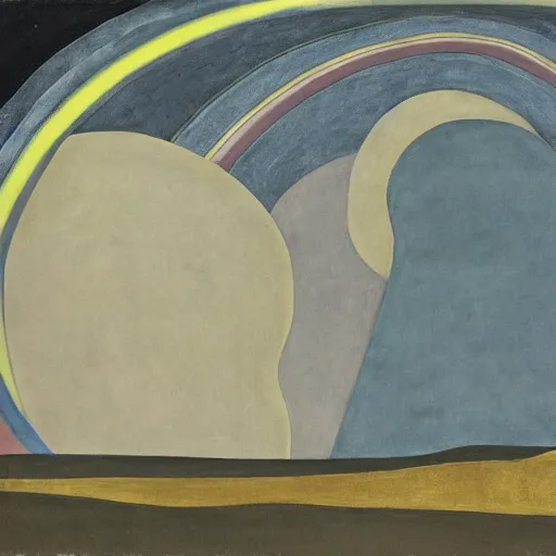 Image similar to doom by hilma af klint sepia. a mixed mediart of a landscape. it is a stylized & colorful view of an idyllic, dreamlike world with rolling hills, peaceful animals, & a flowing river. the scene looks like it could be from another planet, or perhaps a fairy tale.